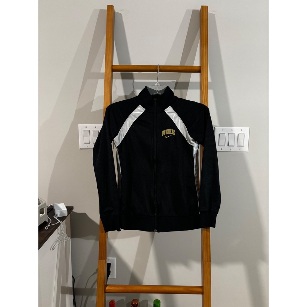 Vintage Nike Womens Black Gold Mesh Full Zip Track Jacket Silver tag Size Large